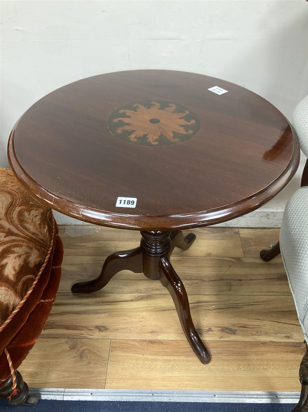 A George III mahogany and later inlaid circular topped tea table, c.1780, diameter 60cm, height 64cm